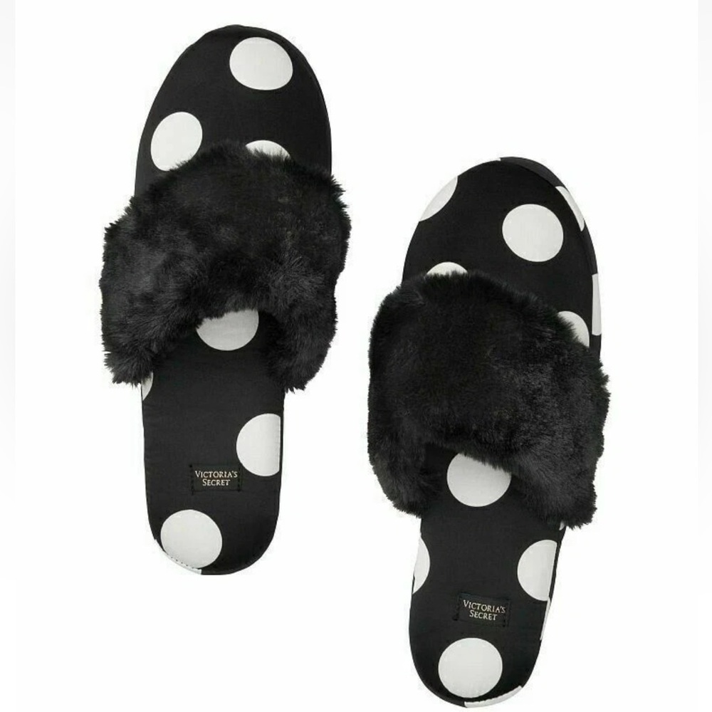 Victoria's Secret Satin Black and White Polka Dot Women's Slippers Size 9-10